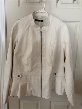 Baccini Ivory Peplum Faux Leather Zip Jacket